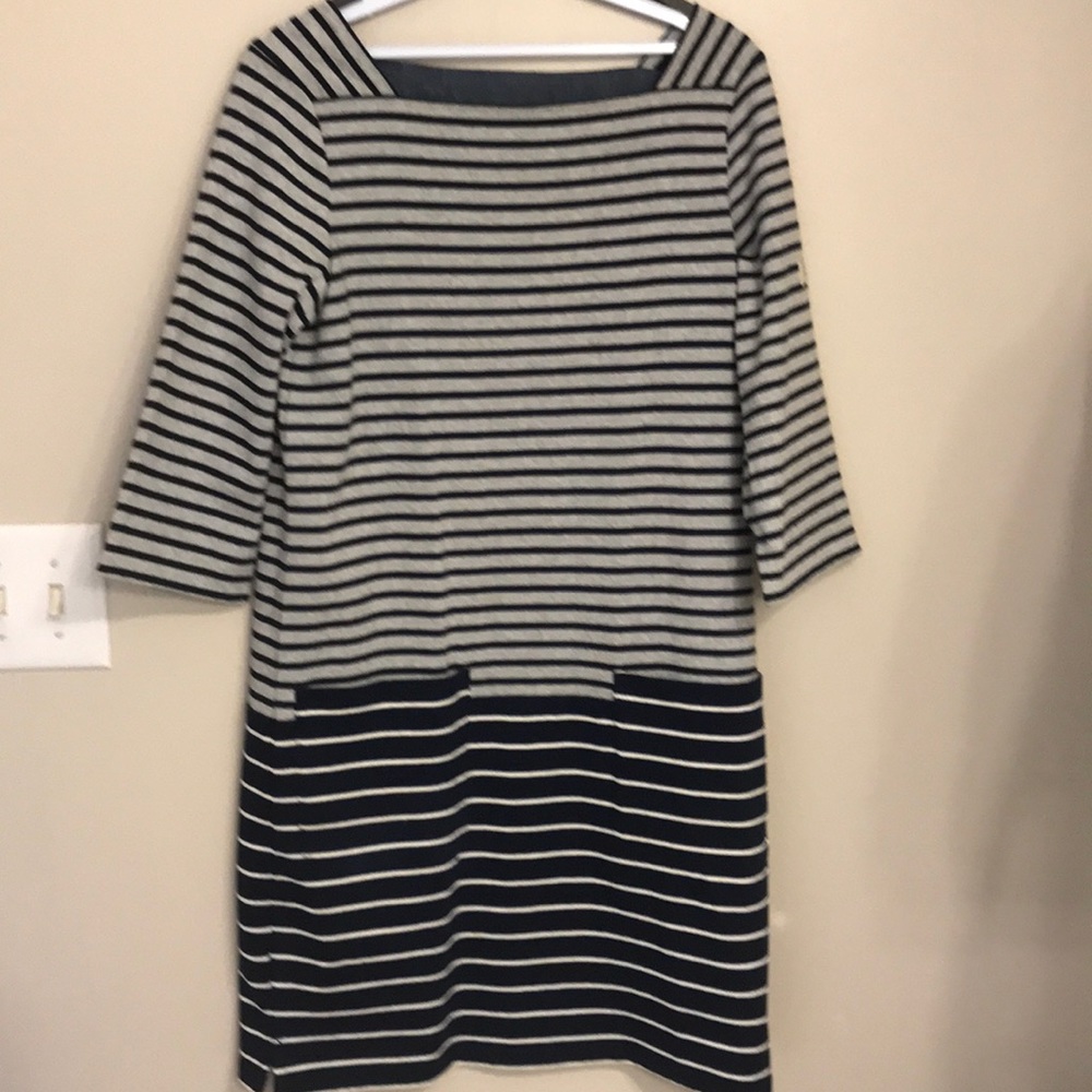 Navy, grey, & white striped dress